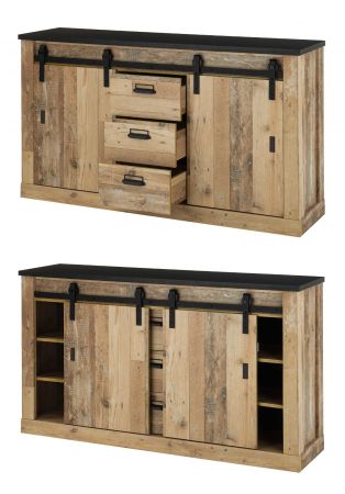 Schlafzimmer Set 8-teilig Stove in Used Wood hell und anthrazit mit Bett, Kleiderschrank, Wandboard, Sideboard, 2 x Wandpaneel und 2 x Nachttisch
