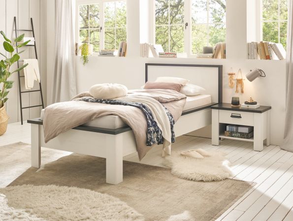 Bett Stove in wei� Pinie und anthrazit Landhaus Einzelbett Liegefl�che 90 x 200 cm