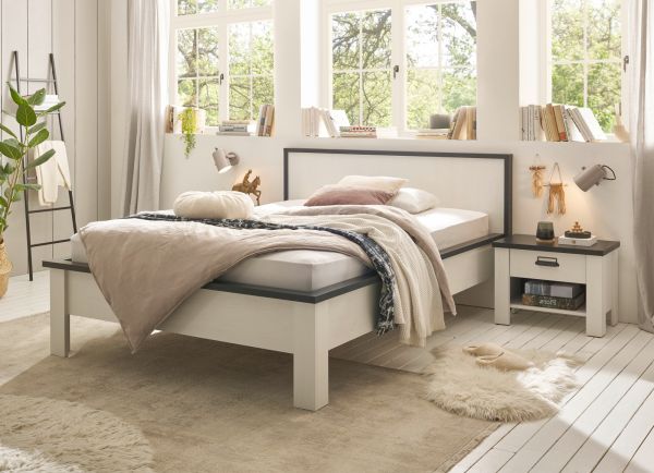 Bett Stove in wei� Pinie und anthrazit Landhaus Einzelbett Liegefl�che 140 x 200 cm