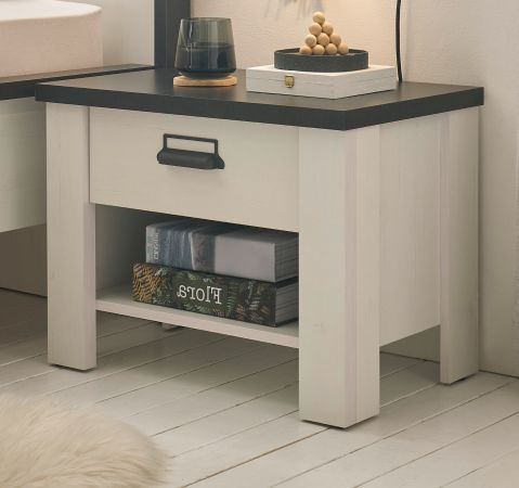 Nachttisch Stove in wei� Pinie und anthrazit Landhaus Nachtkommode mit Schubkasten 60 x 46 cm