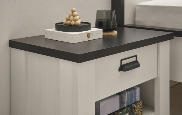 Nachttisch Stove in wei� Pinie und anthrazit Landhaus Nachtkommode mit Schubkasten in Komforth�he 60 x 61