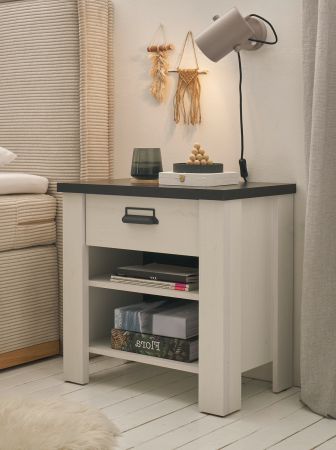 Nachttisch Stove in wei� Pinie und anthrazit Landhaus Nachtkommode mit Schubkasten in Komforth�he 60 x 61