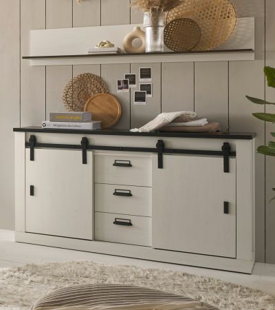 Wandboard Stove in wei� Pinie und anthrazit Landhaus Wandregal 160 cm