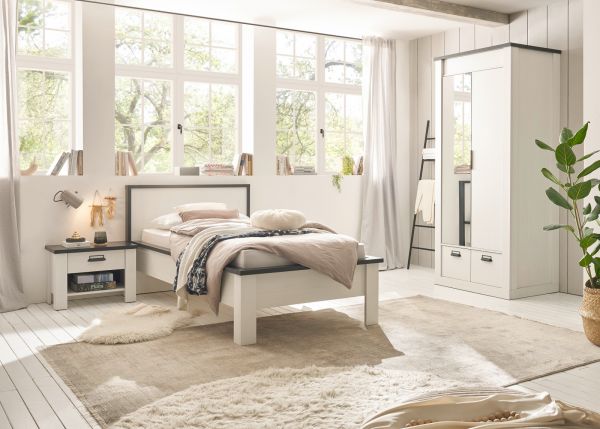 Schlafzimmer Set 2-teilig Stove in wei� Pinie Landhaus mit Einzelbett Liegefl�che 90 x 200 cm und Nachttisch