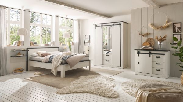 Schlafzimmer Set 3-teilig Stove in wei� Pinie Landhaus mit Einzelbett Liegefl�che 140 x 200 cm und 2 x Wandpaneel