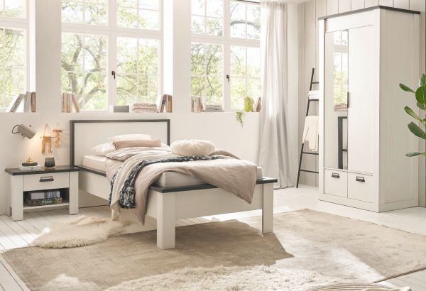 Schlafzimmer Set 3-teilig Stove in wei� Pinie Landhaus mit Einzelbett 90 x 200 cm, Kleiderschrank und Nachttisch
