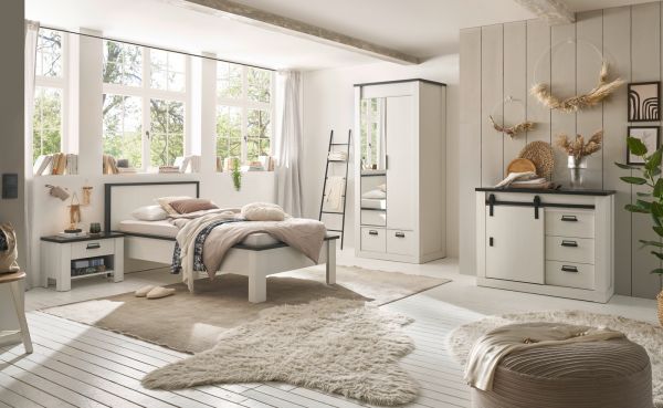 Schlafzimmer Set 3-teilig Stove in wei� Pinie Landhaus mit Einzelbett 90 x 200 cm, Kleiderschrank und Nachttisch