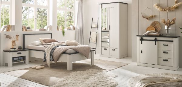 Schlafzimmer Set 4-teilig Stove in wei� Pinie Landhaus mit Bett, Kleiderschrank, Nachttisch und Kommode