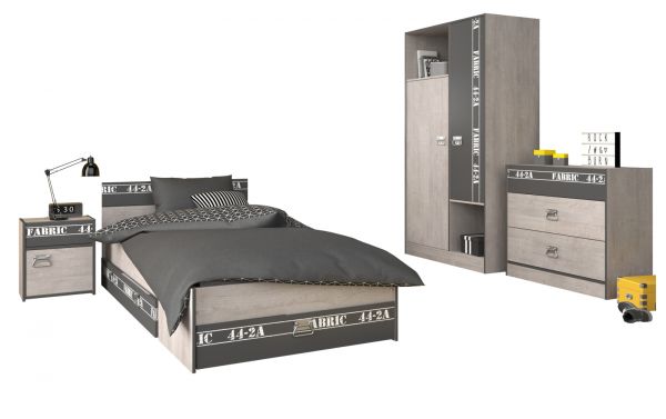 Parisot Kinder- und Jugendzimmer Fabric1 in Esche grau Set 4-teilig mit Stauraumbett, Kleiderschrank, Kommode und Nachttisch