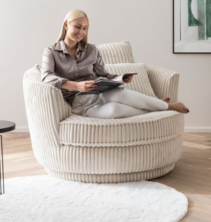 Drehsessel Comfy in wollwei� Mega Cord XL, Loveseat 360� inklusive 3x Kissen
