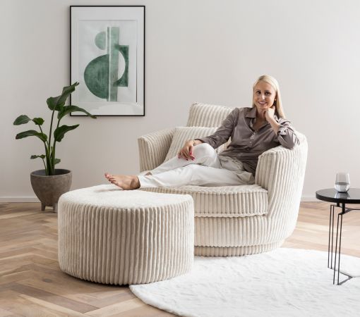 Drehsessel Comfy in wollwei� Mega Cord XL, Loveseat 360� inklusive 3x Kissen