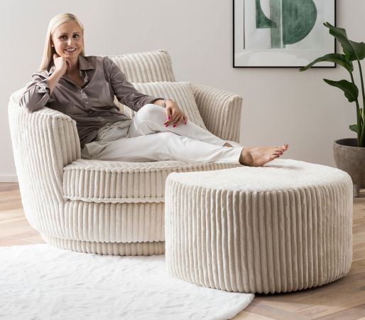 Drehsessel Comfy in wollwei� Mega Cord XL, Loveseat 360� inklusive 3x Kissen