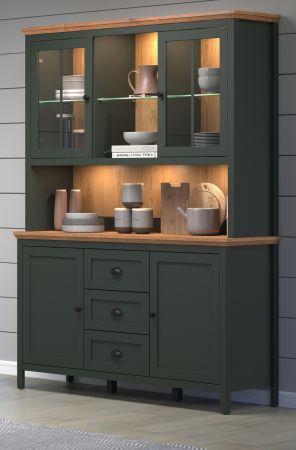Buffetschrank Meadow in gr�n und Evoke Eiche Landhaus Wohn- und Esszimmer Vitrine inklusive LED 146 x 198 cm