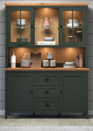 Buffetschrank Meadow in gr�n und Evoke Eiche Landhaus Wohn- und Esszimmer Vitrine inklusive LED 146 x 198 cm