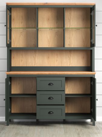 Buffetschrank Meadow in gr�n und Evoke Eiche Landhaus Wohn- und Esszimmer Vitrine inklusive LED 146 x 198 cm