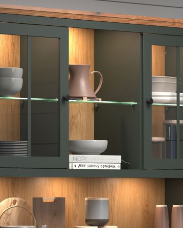 Buffetschrank Meadow in gr�n und Evoke Eiche Landhaus Wohn- und Esszimmer Vitrine inklusive LED 146 x 198 cm