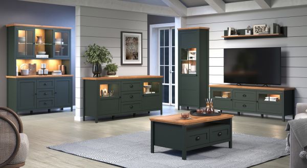 Buffetschrank Meadow in gr�n und Evoke Eiche Landhaus Wohn- und Esszimmer Vitrine inklusive LED 146 x 198 cm