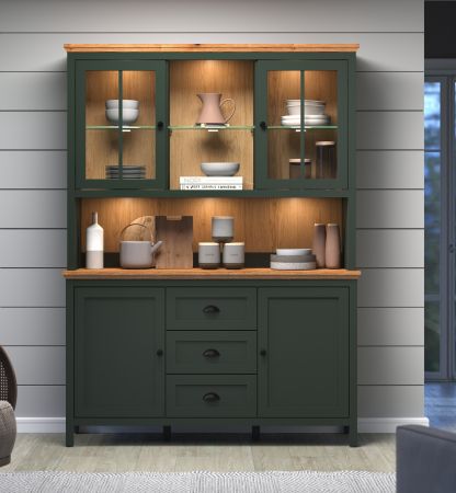 Buffetschrank Meadow in gr�n und Evoke Eiche Landhaus Wohn- und Esszimmer Vitrine inklusive LED 146 x 198 cm