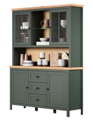 Buffetschrank Meadow in gr�n und Evoke Eiche Landhaus Wohn- und Esszimmer Vitrine inklusive LED 146 x 198 cm
