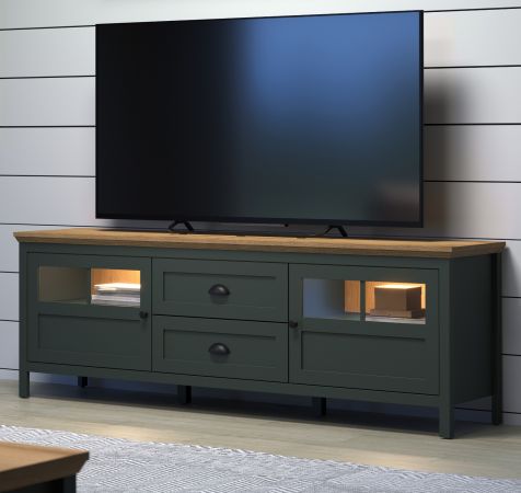 TV-Lowboard Meadow in gr�n und Evoke Eiche Landhaus TV Unterteil mit Komforth�he inklusive LED 184 x 64 cm