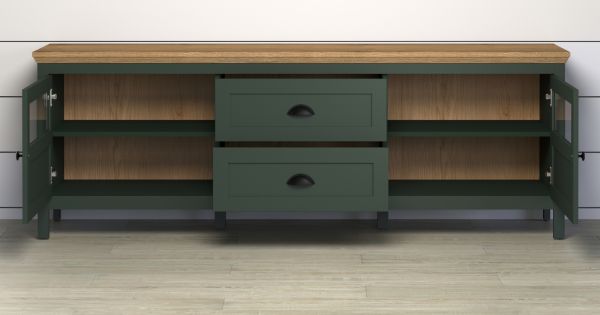 TV-Lowboard Meadow in gr�n und Evoke Eiche Landhaus TV Unterteil mit Komforth�he inklusive LED 184 x 64 cm