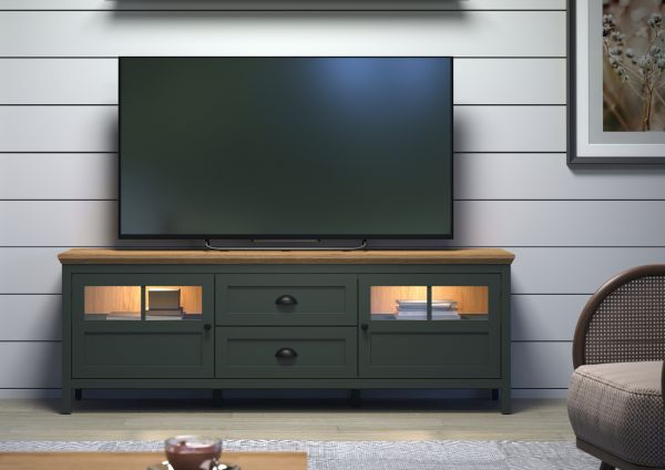 TV-Lowboard Meadow in gr�n und Evoke Eiche Landhaus TV Unterteil mit Komforth�he inklusive LED 184 x 64 cm
