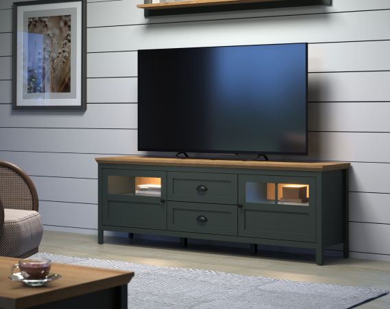 TV-Lowboard Meadow in gr�n und Evoke Eiche Landhaus TV Unterteil mit Komforth�he inklusive LED 184 x 64 cm
