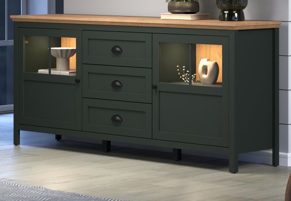 Sideboard Meadow in gr�n und Evoke Eiche Landhaus Wohn- und Esszimmer Kommode inklusive LED 185 cm