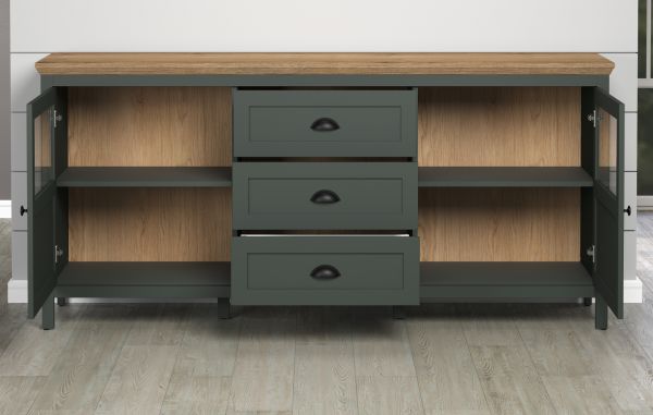 Sideboard Meadow in gr�n und Evoke Eiche Landhaus Wohn- und Esszimmer Kommode inklusive LED 185 cm