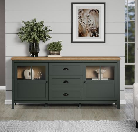 Sideboard Meadow in gr�n und Evoke Eiche Landhaus Wohn- und Esszimmer Kommode inklusive LED 185 cm