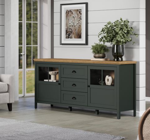 Sideboard Meadow in gr�n und Evoke Eiche Landhaus Wohn- und Esszimmer Kommode inklusive LED 185 cm