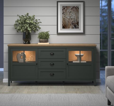 Sideboard Meadow in gr�n und Evoke Eiche Landhaus Wohn- und Esszimmer Kommode inklusive LED 185 cm