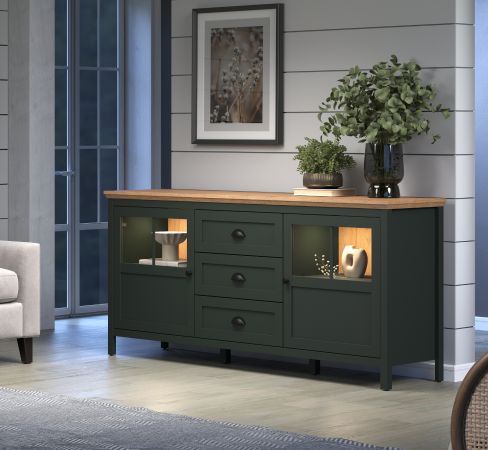 Sideboard Meadow in gr�n und Evoke Eiche Landhaus Wohn- und Esszimmer Kommode inklusive LED 185 cm
