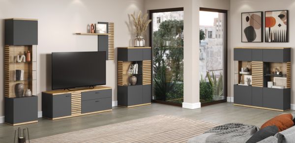 Highboard Norris in grau und Evoke Eiche Wohn- und Esszimmer Vitrine mit Soft-Close 131 x 147 cm