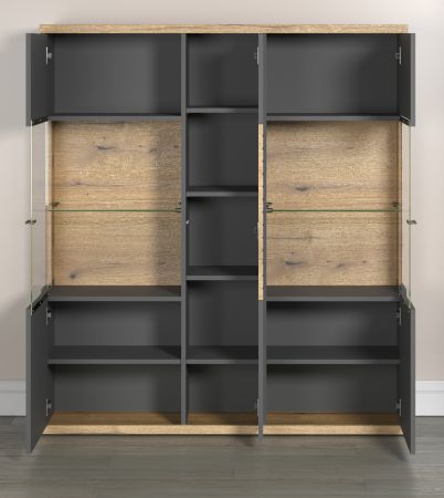 Highboard Norris in grau und Evoke Eiche Wohn- und Esszimmer Vitrine mit Soft-Close 131 x 147 cm
