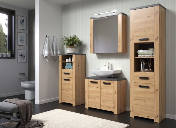 Badezimmer Hochschrank Jorik in Artisan Eiche und Matera grau Badschrank 53 x 196 cm