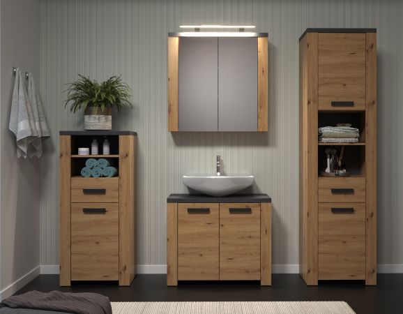 Badezimmer Hochschrank Jorik in Artisan Eiche und Matera grau Badschrank 53 x 196 cm