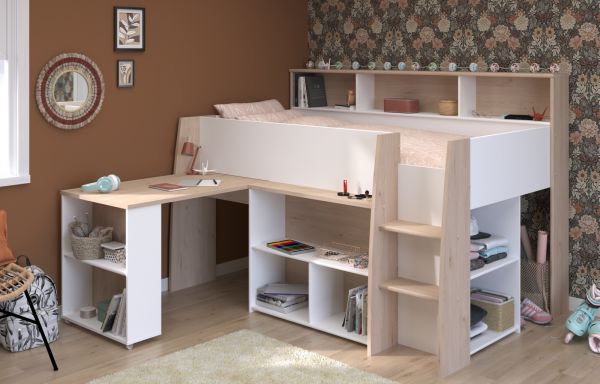 Parisot Hochbett Lucas in wei� und Eiche Kinder- und Jugendzimmer Bett mit Schreibtisch