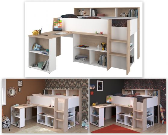 Parisot Hochbett Lucas in wei� und Eiche Kinder- und Jugendzimmer Bett mit Schreibtisch