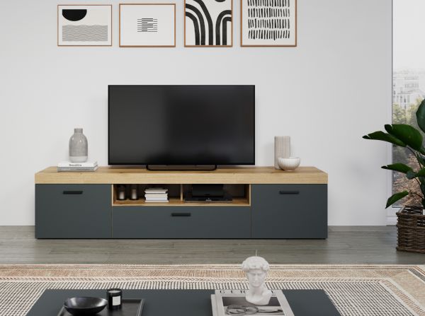 TV-Lowboard Tyler in grau und Evoke Eiche XL TV Unterteil 230 x 52 cm