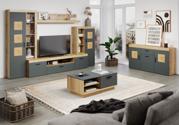 TV-Lowboard Tyler in grau und Evoke Eiche XL TV Unterteil 230 x 52 cm