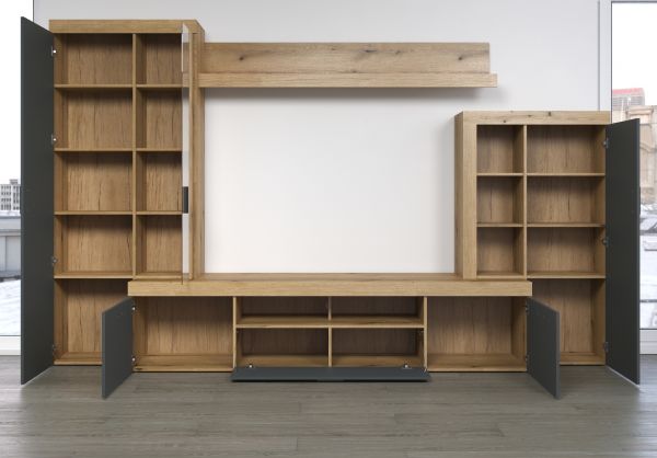 Wohnwand Tyler in grau und Evoke Eiche Schrankwand 331 x 206 cm