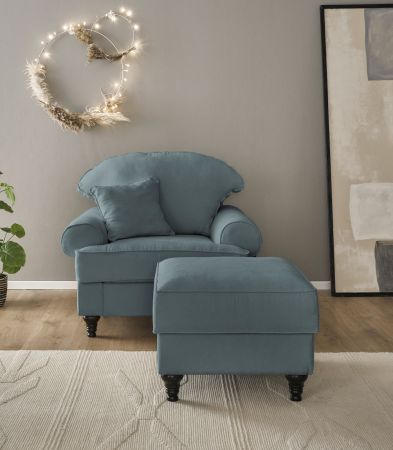 Sessel Set Adelina in grau Landhaus Loungesessel inklusive Hocker