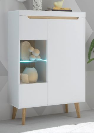 Highboard Isgard in wei� matt und Scandi Eiche Vitrine skandinavisch 90 x 134 cm