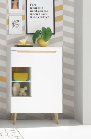 Highboard Isgard in wei� matt und Scandi Eiche Vitrine skandinavisch 90 x 134 cm