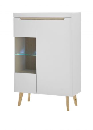 Highboard Isgard in wei� matt und Scandi Eiche Vitrine skandinavisch 90 x 134 cm