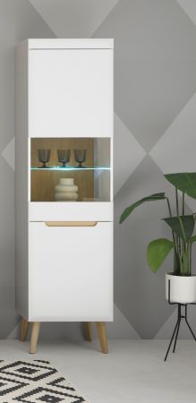 Vitrine Isgard in wei� matt und Scandi Eiche Vitrinenschrank skandinavisch 53 x 197 cm