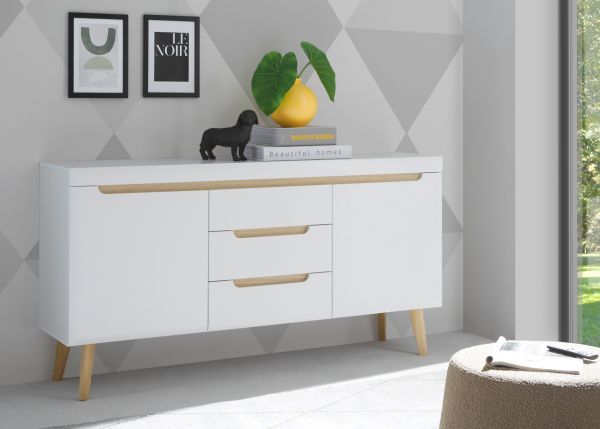 Sideboard Isgard in wei� matt und Scandi Eiche Kommode skandinavisch 160 cm, Soft-Close