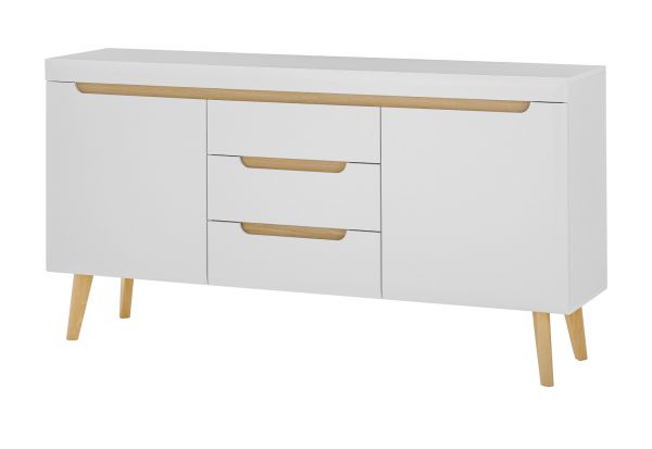 Sideboard Isgard in wei� matt und Scandi Eiche Kommode skandinavisch 160 cm, Soft-Close