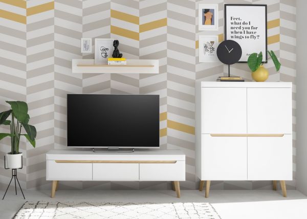 Highboard Isgard in wei� matt und Scandi Eiche Kommode skandinavisch 107 x 134 cm